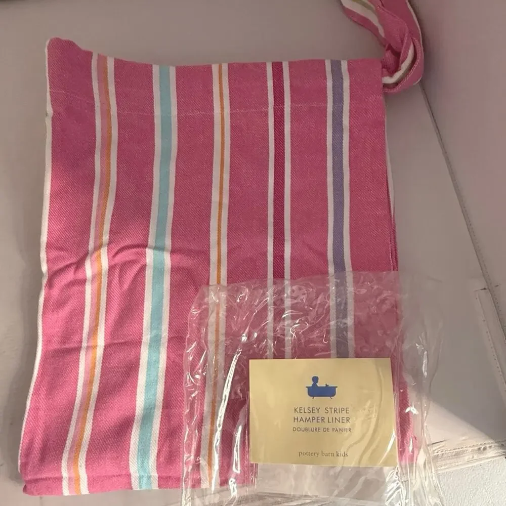 Pottery Barn Kids pink stripe bundle 1 hamper liner, 1 curtain, 2 basket liners